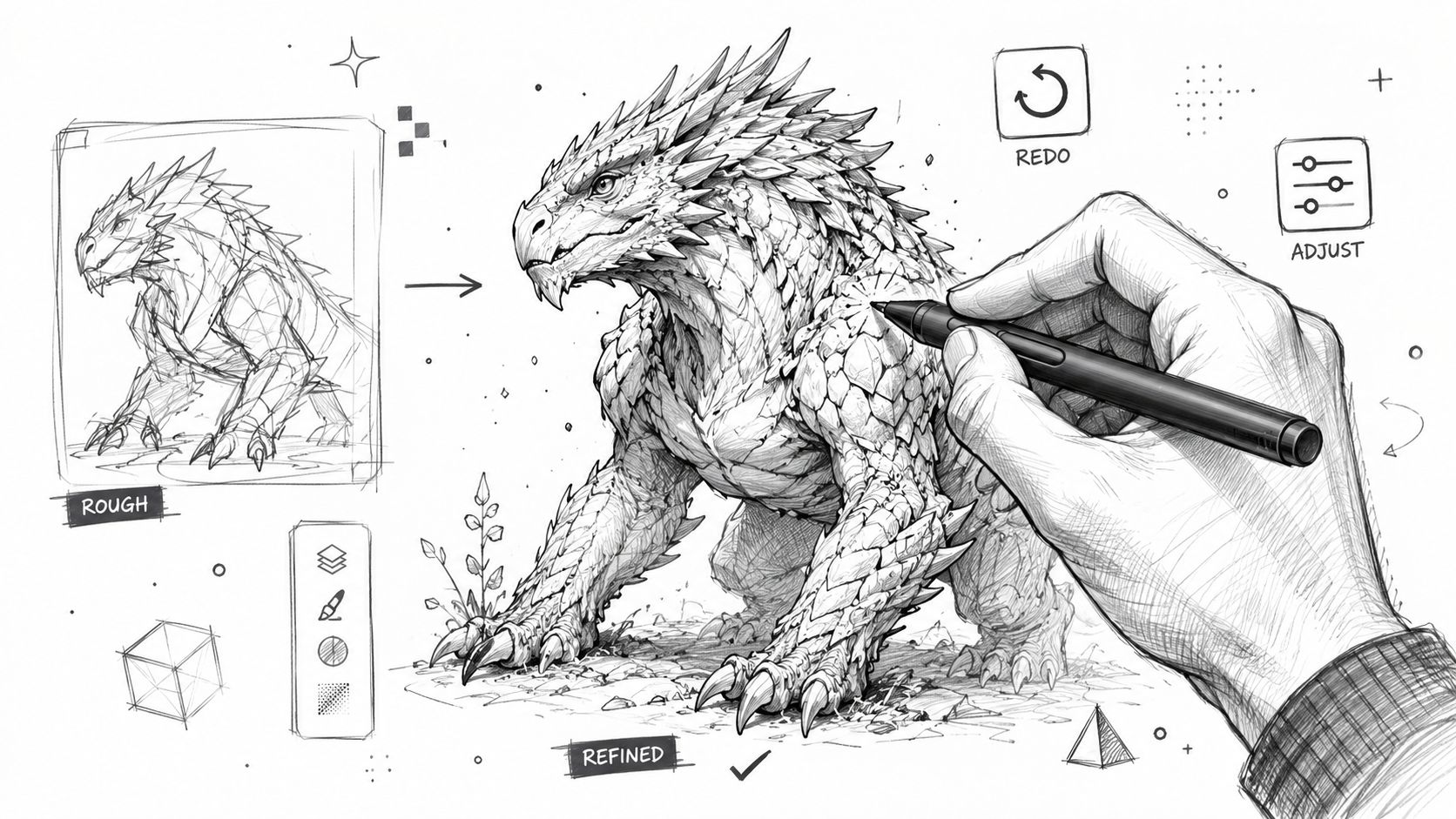 A hand using a digital pen to illustrate a detailed, armored reptilian creature on a drawing pad.