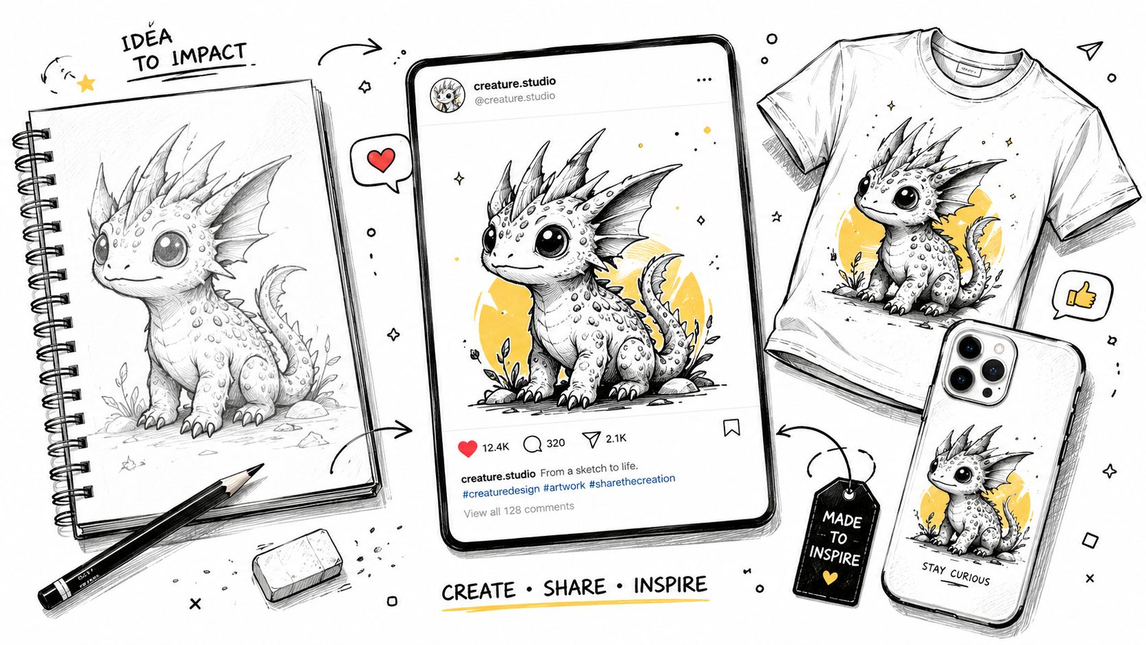 A digital illustration showing the creative process from a pencil sketch to a final product design.
