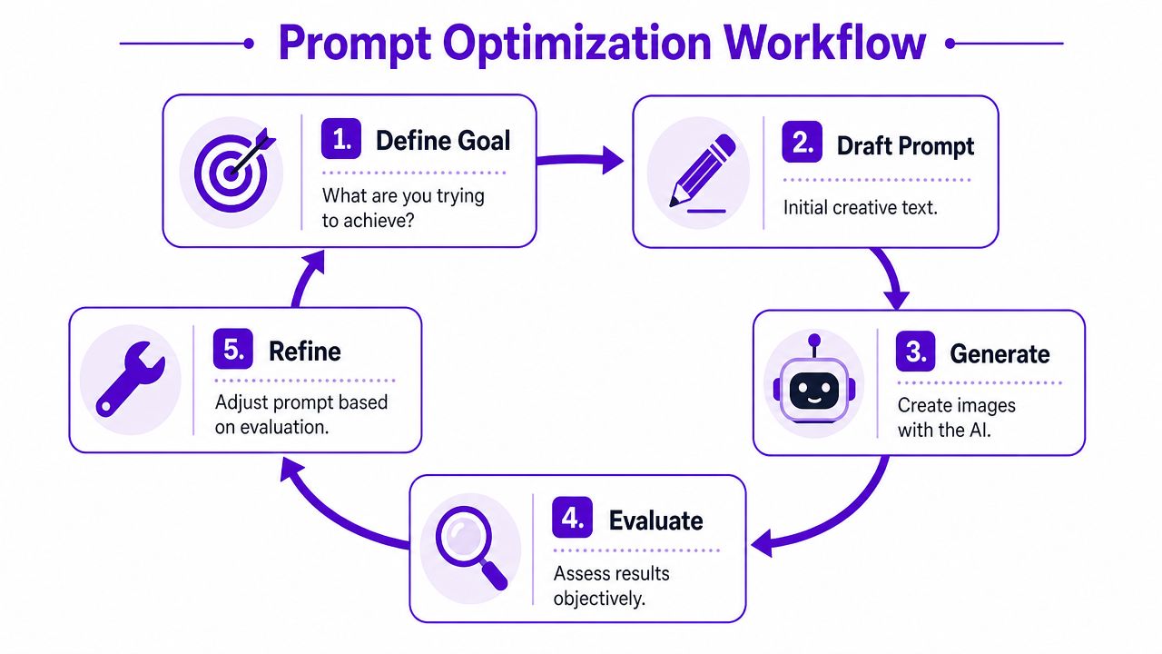A circular diagram illustrating a five-step AI prompt optimization workflow from goal setting to refinement.