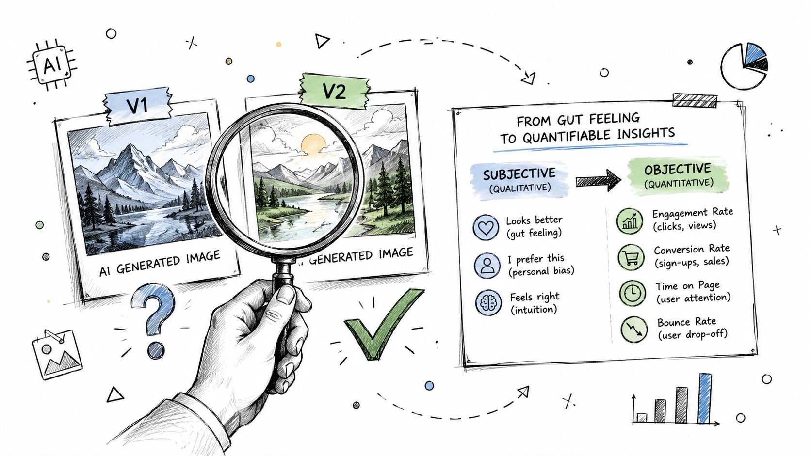 A conceptual illustration showing A/B testing of AI generated images to transform subjective opinions into quantitative data.