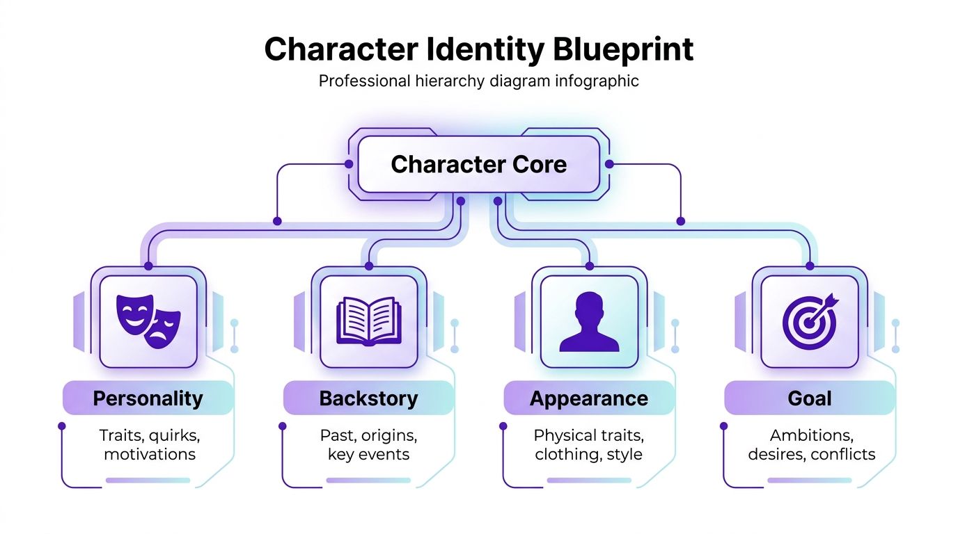A character identity blueprint infographic illustrating core components like personality, backstory, appearance, and goals for character development.