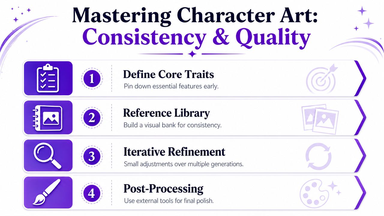 A guide infographic titled Mastering Character Art showing four steps for consistency and quality in character design.
