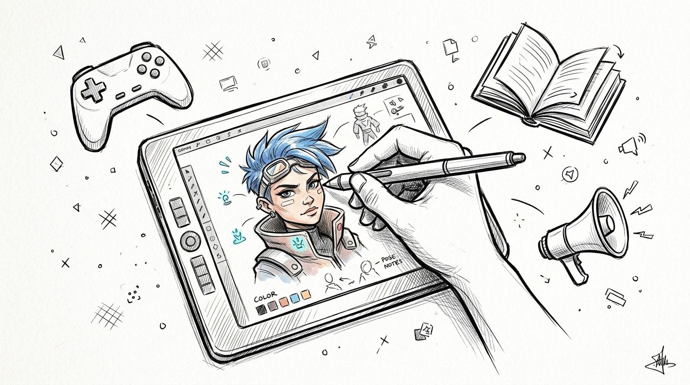 A hand using a digital pen to illustrate a stylized character on a professional graphics tablet screen.