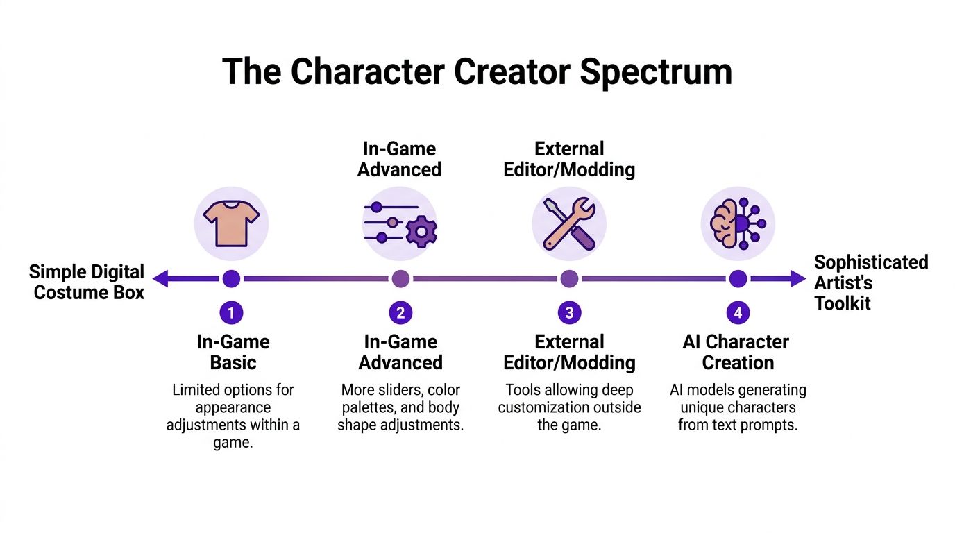 A diagram illustrating a spectrum of character creation tools from basic in-game options to AI generation.
