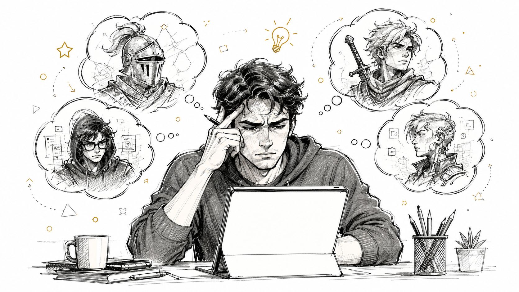A young artist thinking about different character designs for a video game while using a digital tablet.