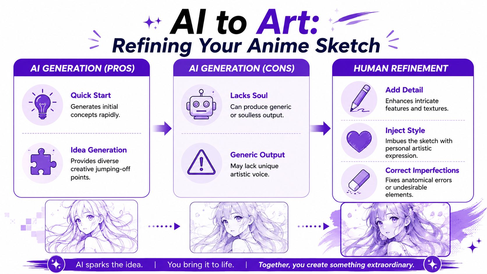An infographic illustrating the collaborative process of using AI tools to generate and refine anime sketches.