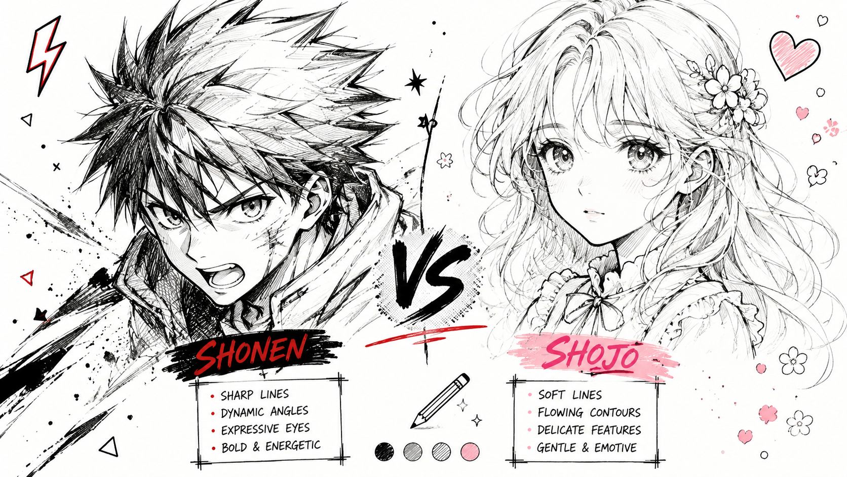A split-screen comparison illustration showing the distinct artistic differences between bold Shonen and soft Shojo anime drawing styles.