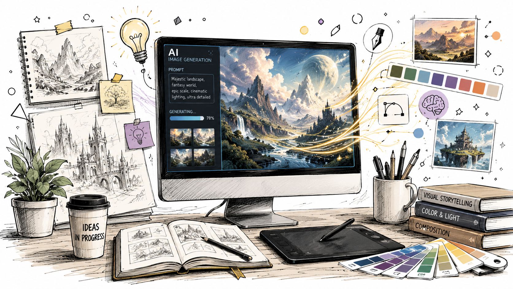 An editorial sketch of a designer's desk, illustrating the process of using an AI image generator to create art.