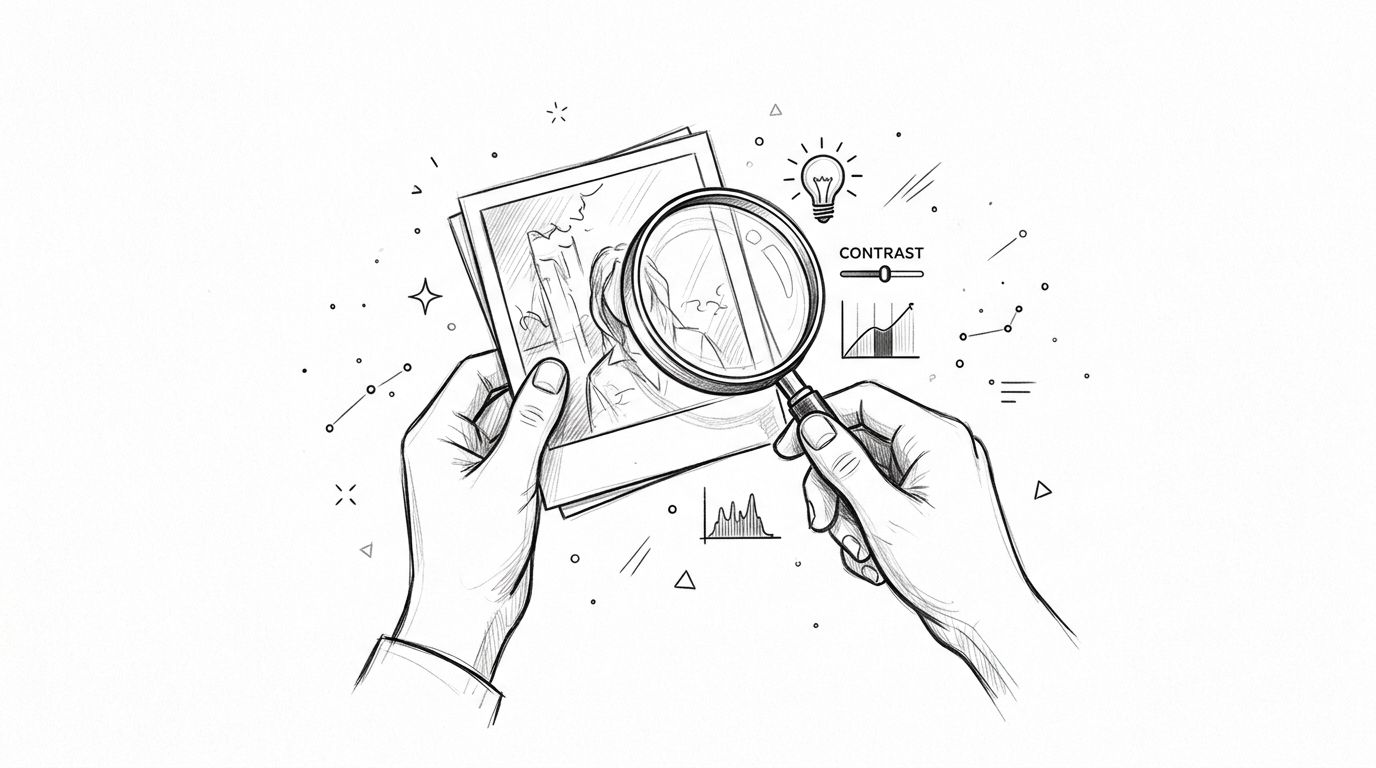 A hand-drawn sketch of two hands holding a photograph and examining it through a magnifying glass.
