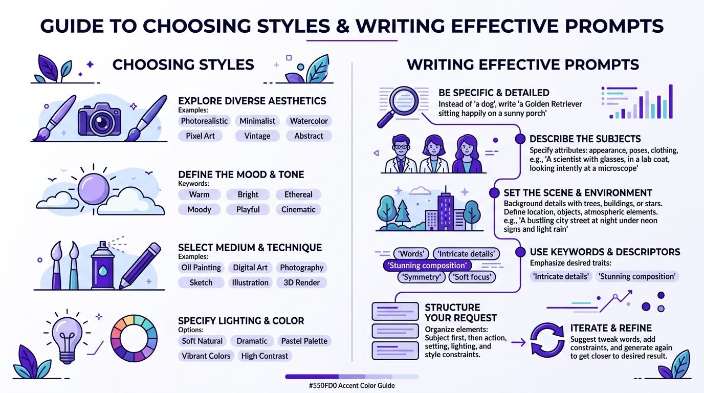 A guide detailing techniques for choosing artistic styles and writing effective prompts for AI image generation tools.