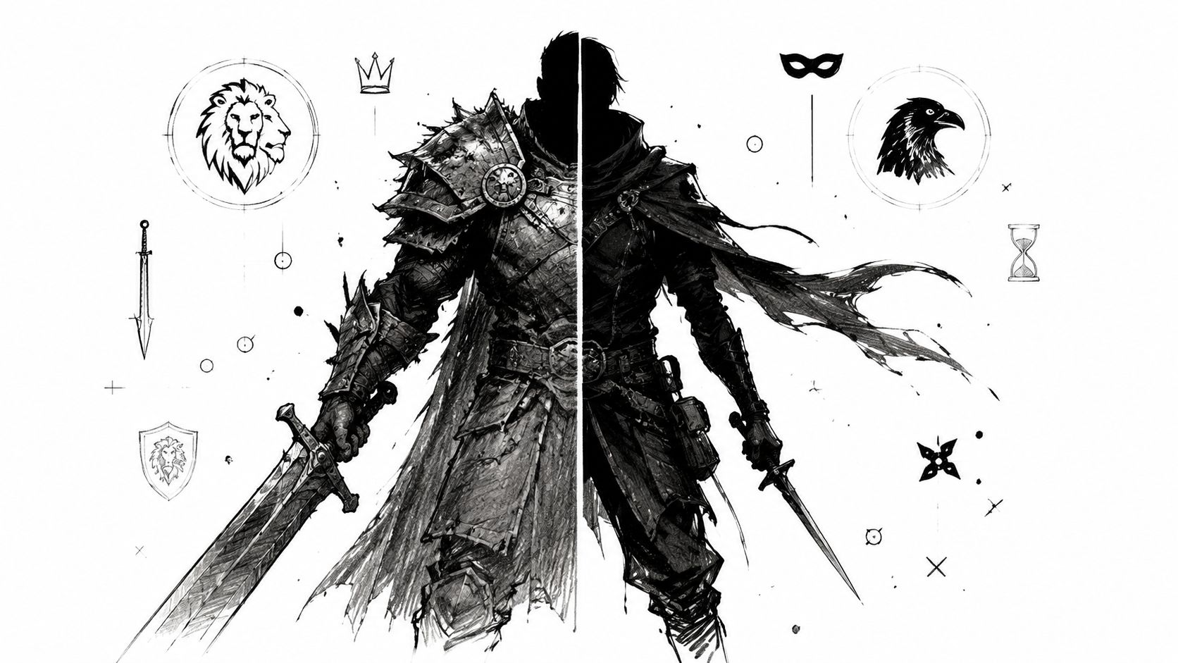 A split composition featuring a armored knight on the left and a hooded rogue on the right.