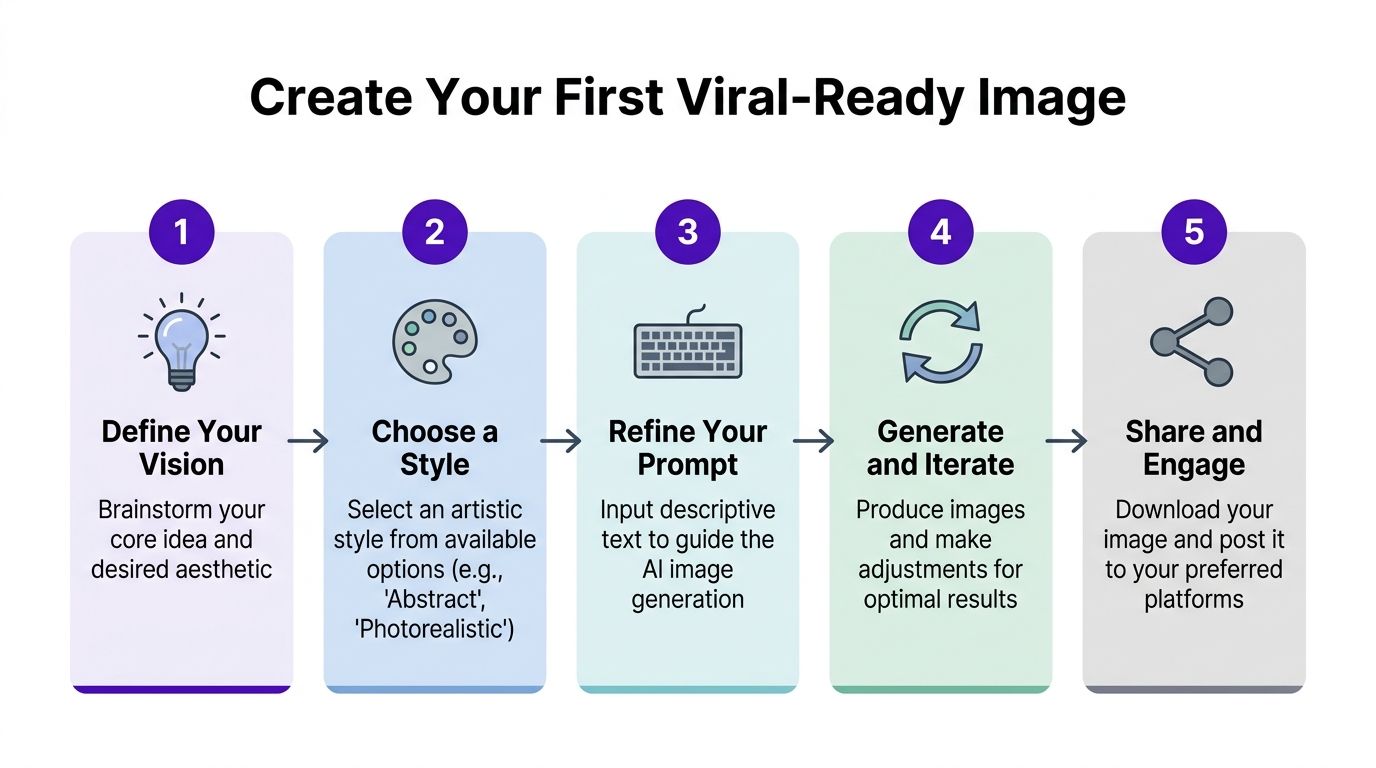 A five-step infographic guide on creating viral-ready AI images from vision to social sharing.