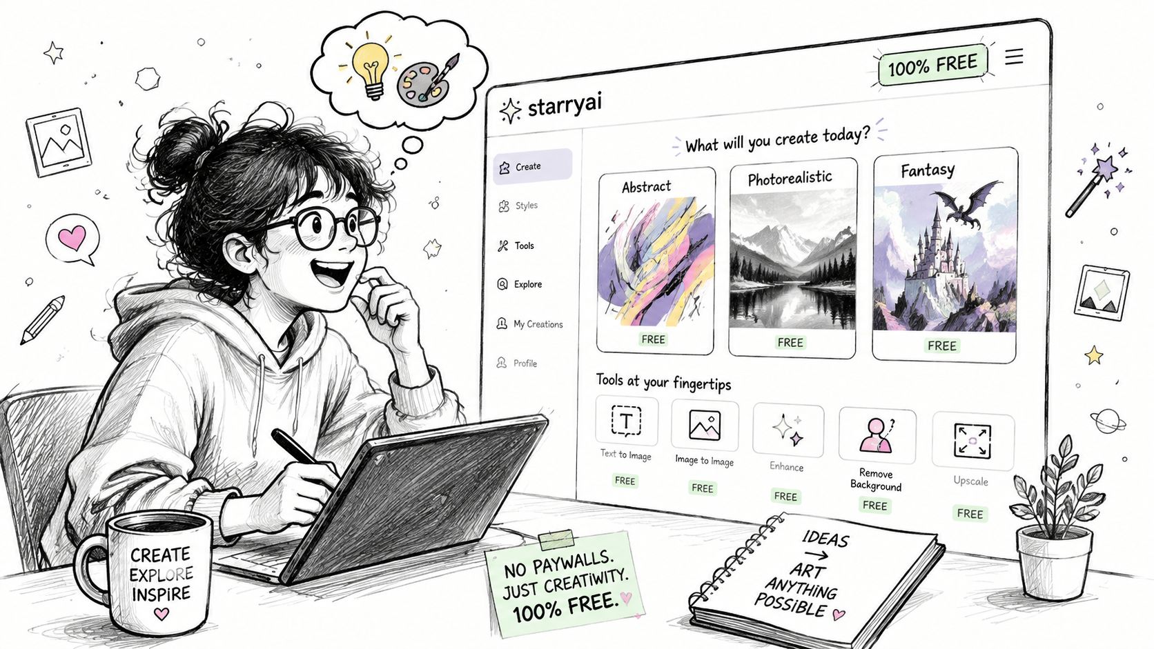 A happy young woman creating digital art on a tablet using the free Starryai application interface.