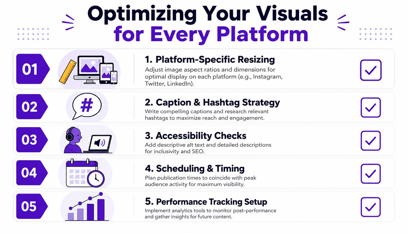 An infographic titled Optimizing Your Visuals for Every Platform showing five steps for successful social media management.