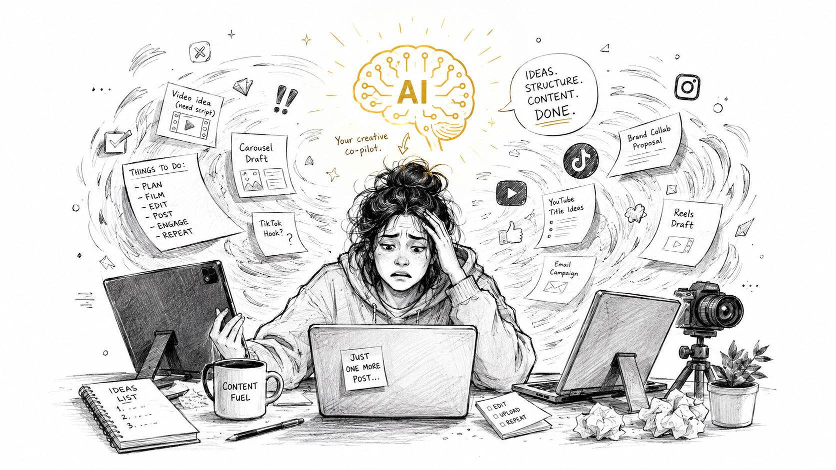A stressed content creator working on multiple devices surrounded by overwhelming social media planning tasks and ideas.