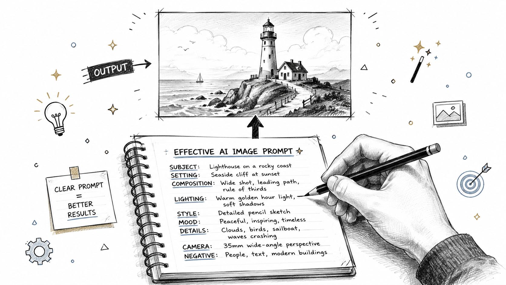 A hand drawing a detailed AI image prompt in a notebook to create a lighthouse sketch.