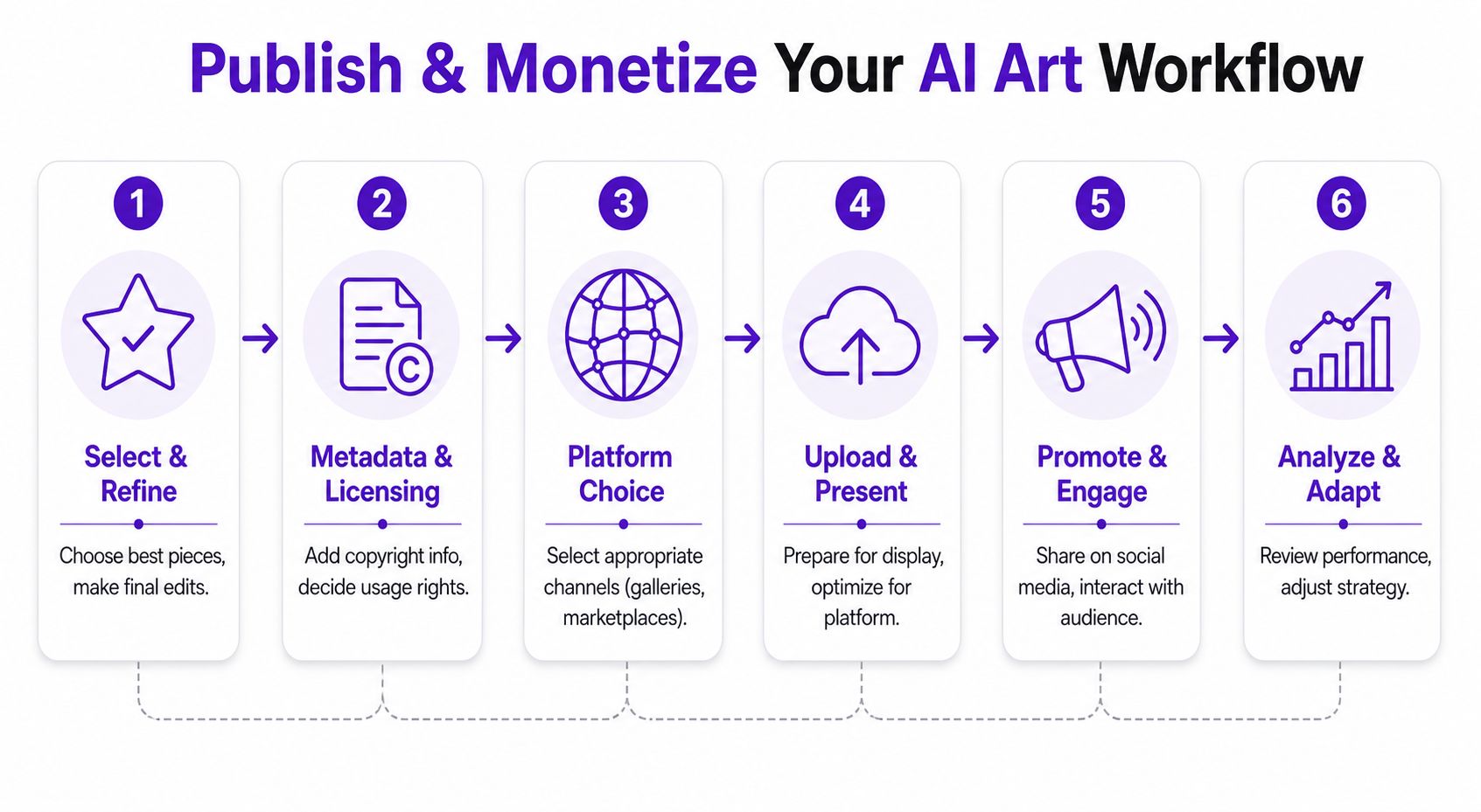A flowchart showing the six-step process for publishing and monetizing AI-generated artwork.