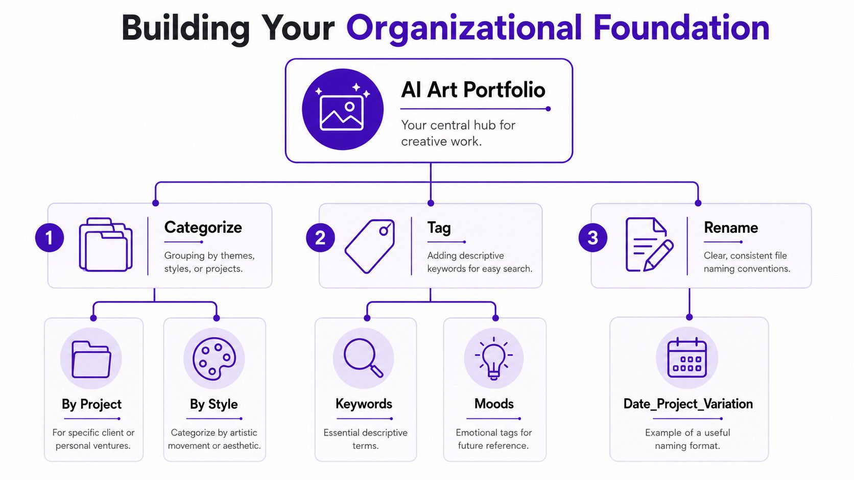 A diagram illustrating a system for organizing an AI art portfolio through categorization, tagging, and renaming files.