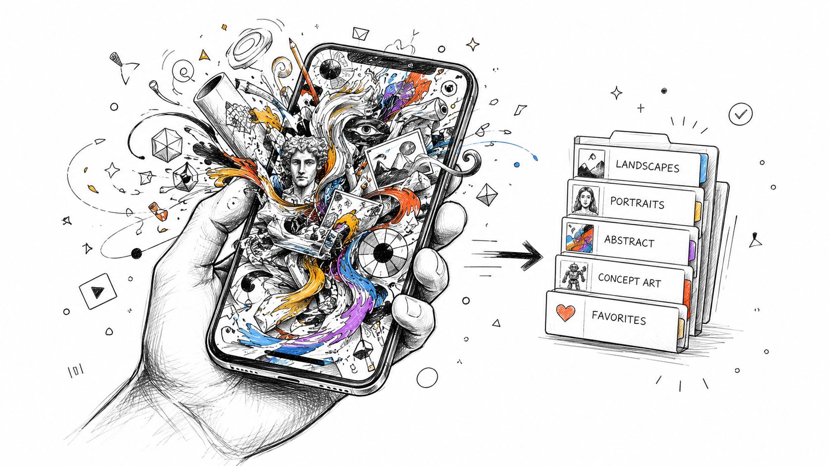 A hand holding a smartphone with creative art elements flowing into organized digital folders by category.