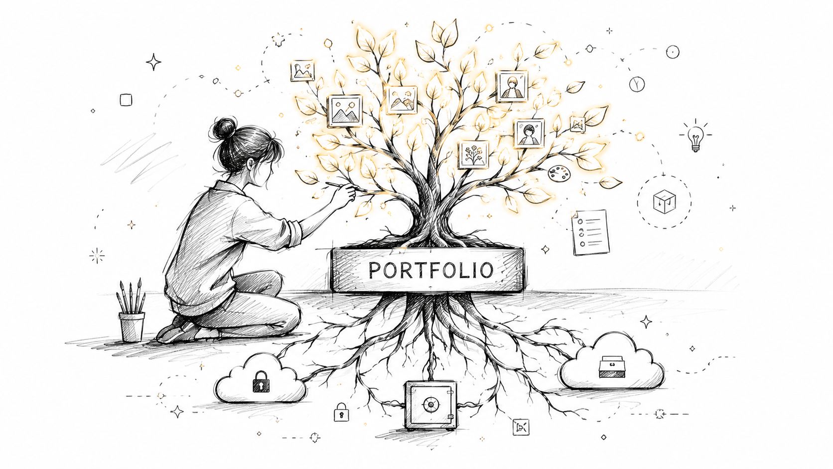 A hand-drawn sketch of a creative woman organizing projects within a symbolic tree labeled portfolio.
