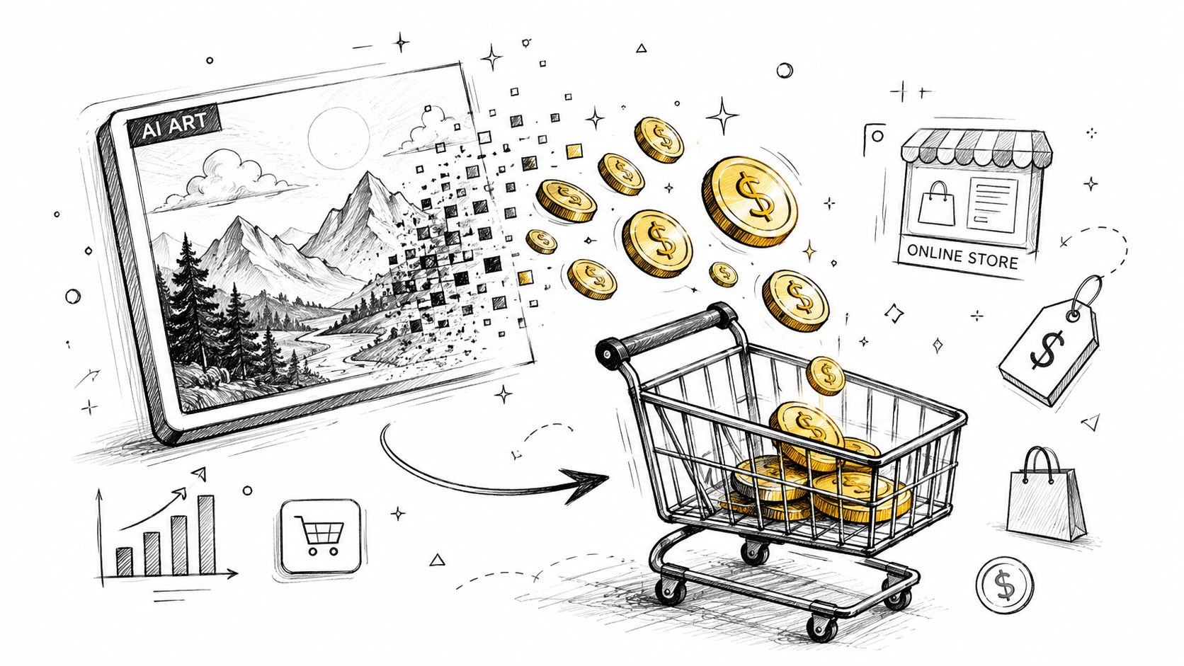 A conceptual sketch showing AI generated art transforming into golden coins flowing into a shopping cart.