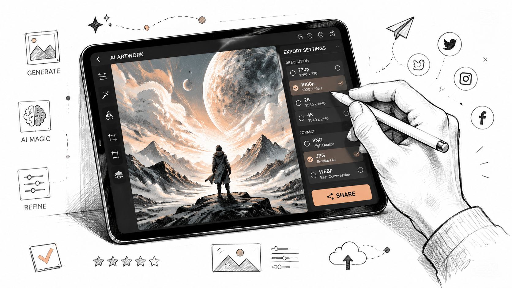 A digital illustration showing a hand using a stylus on a tablet to select export settings for artwork.