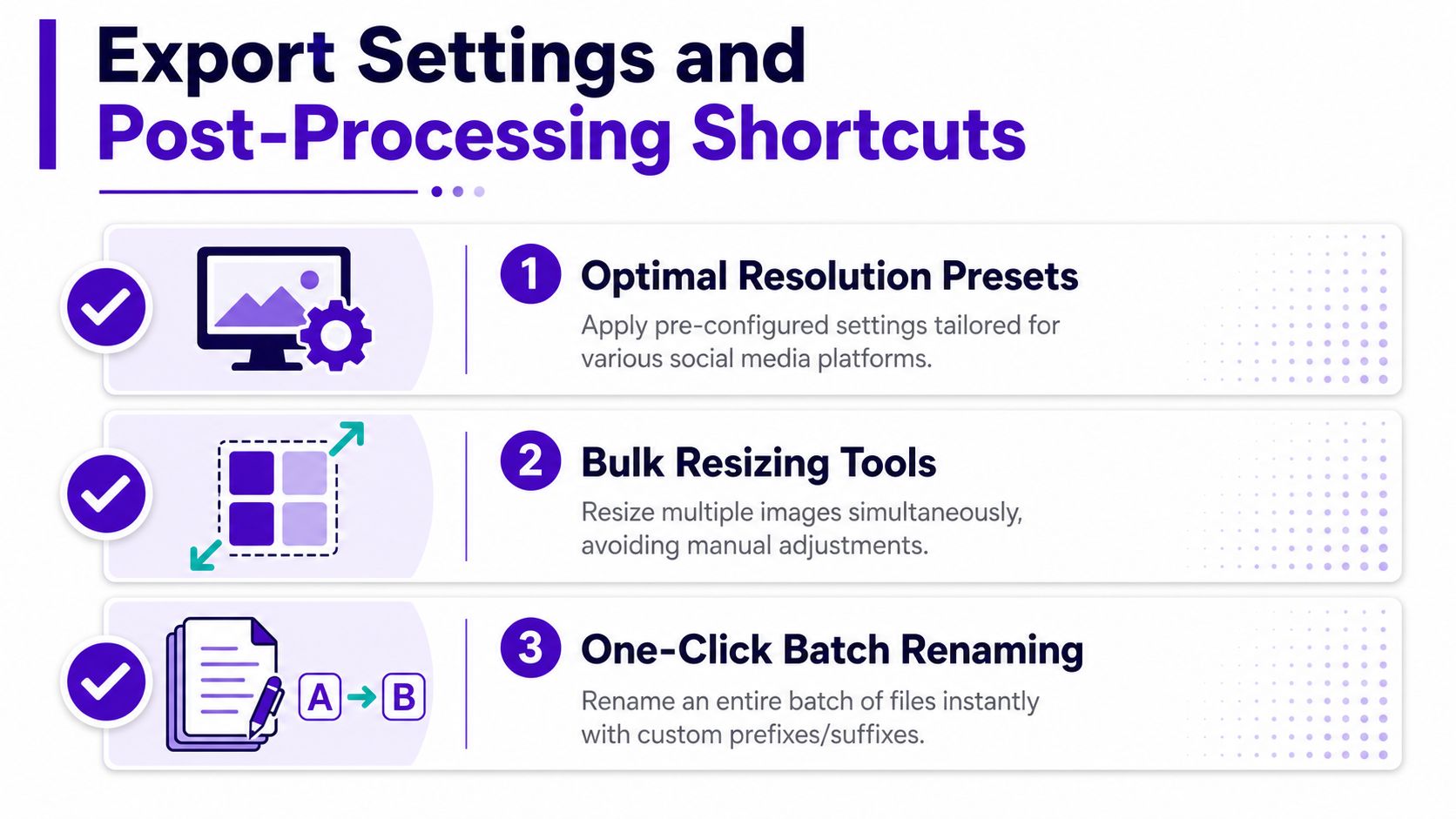 A graphic showing three key shortcuts for efficient image export and post-processing tasks.