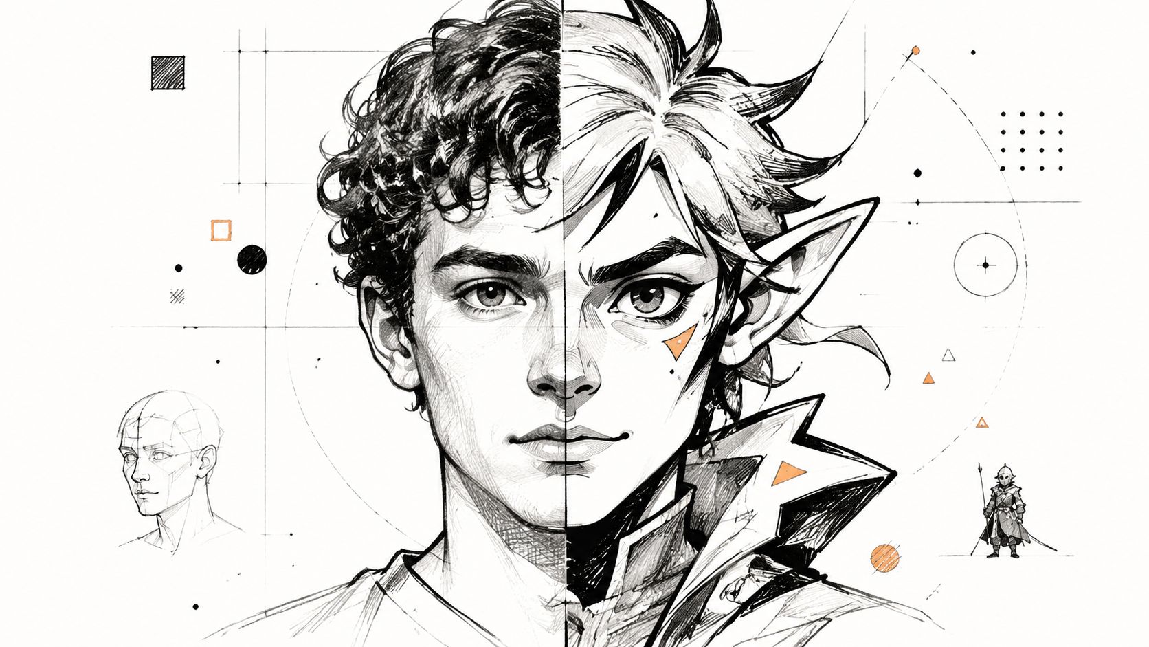 A split portrait showing a realistic human male face and a stylized elf character in sketch style.