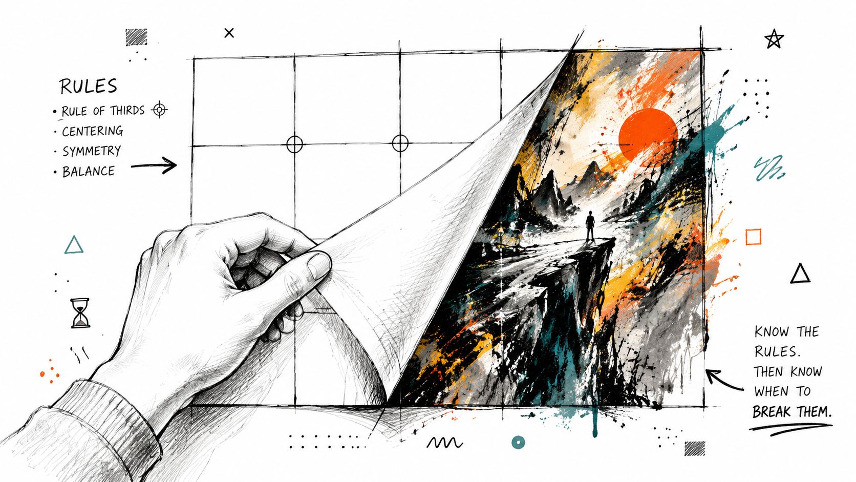 A hand peeling back a sketched grid revealing a vibrant, artistic landscape painting with an abstract style.