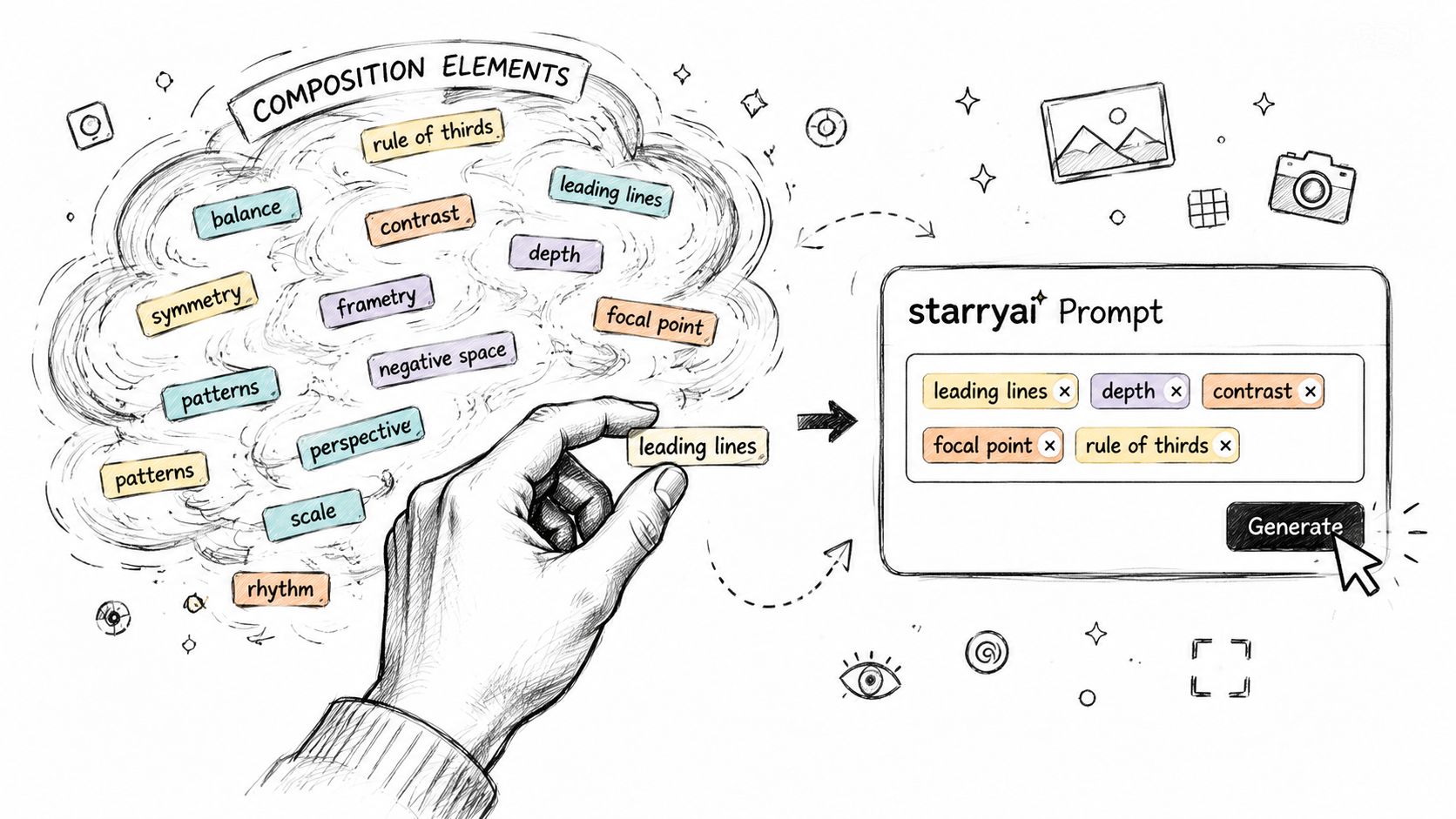 A hand selecting and adding composition elements into a starryai prompt generator box for creating artwork.