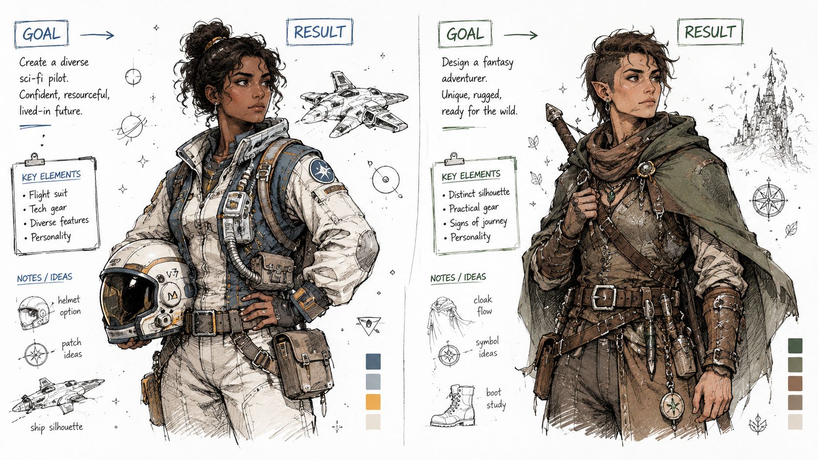 A dual concept art board showing a sci-fi pilot and a fantasy adventurer with character design notes.