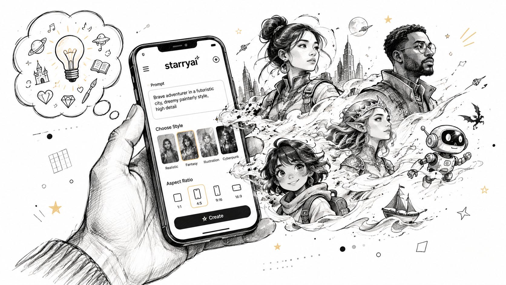 A hand holds a smartphone displaying the Starryai app with AI generated diverse character sketches emerging from screen.