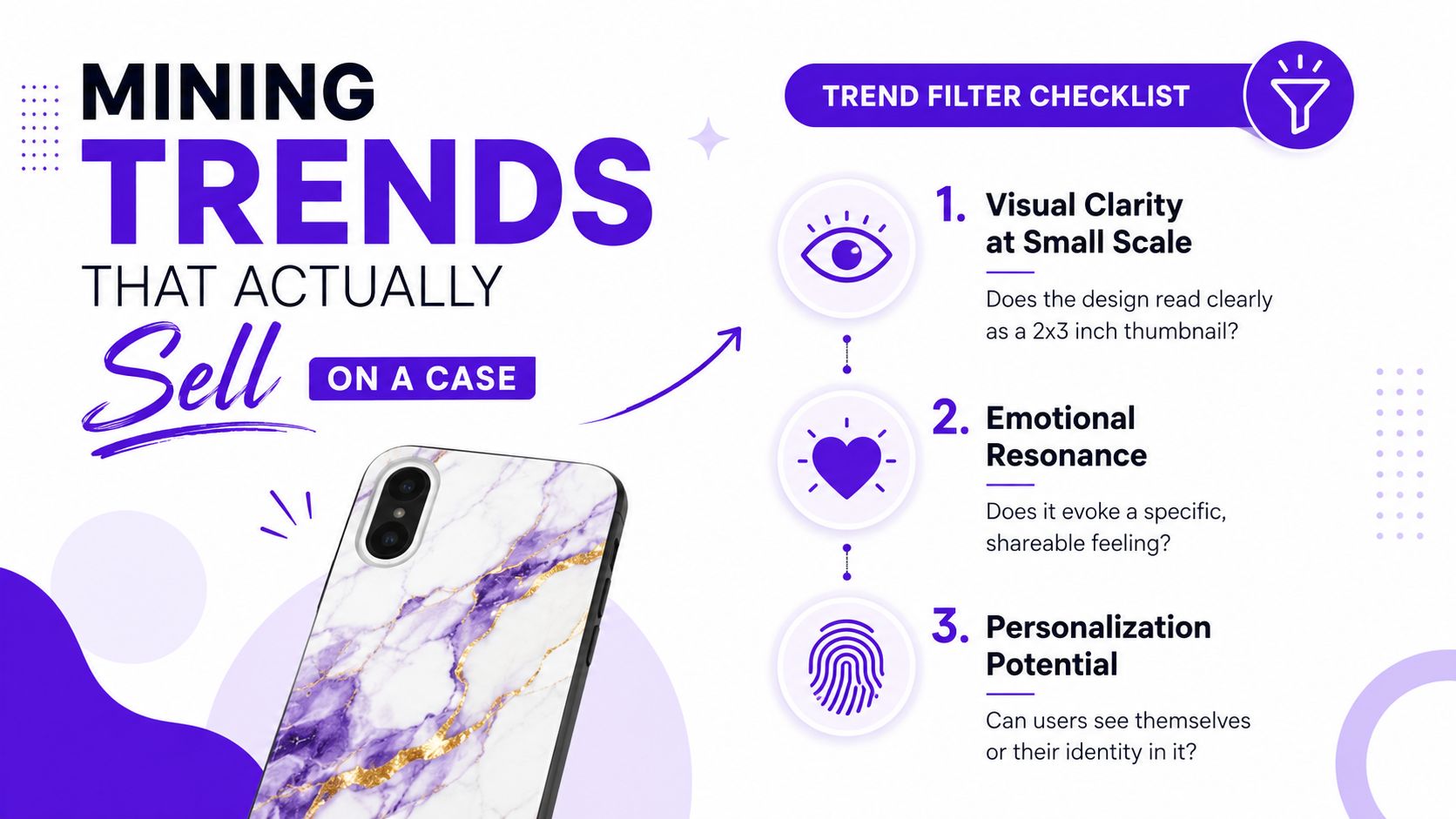A graphic design guide for mining phone case trends featuring a three-step trend filter checklist.