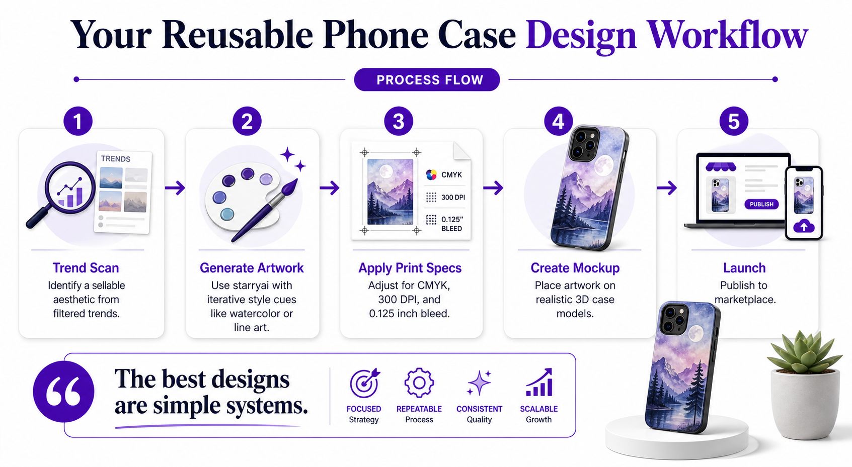 An infographic showing the five-step workflow for creating and launching custom phone case designs.