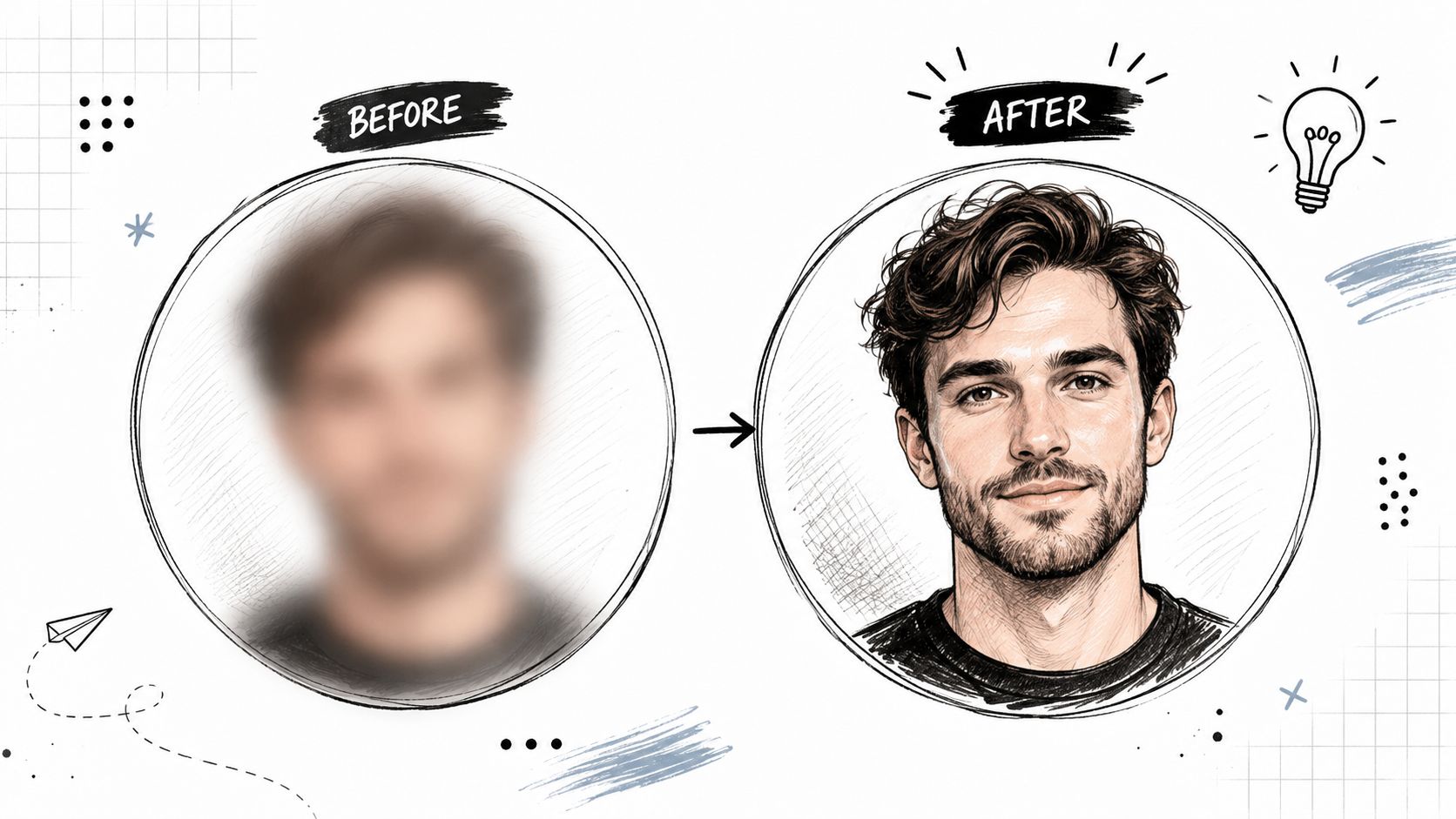 A conceptual graphic showing a blurred portrait transitioning into a sharp, detailed illustration of a man.