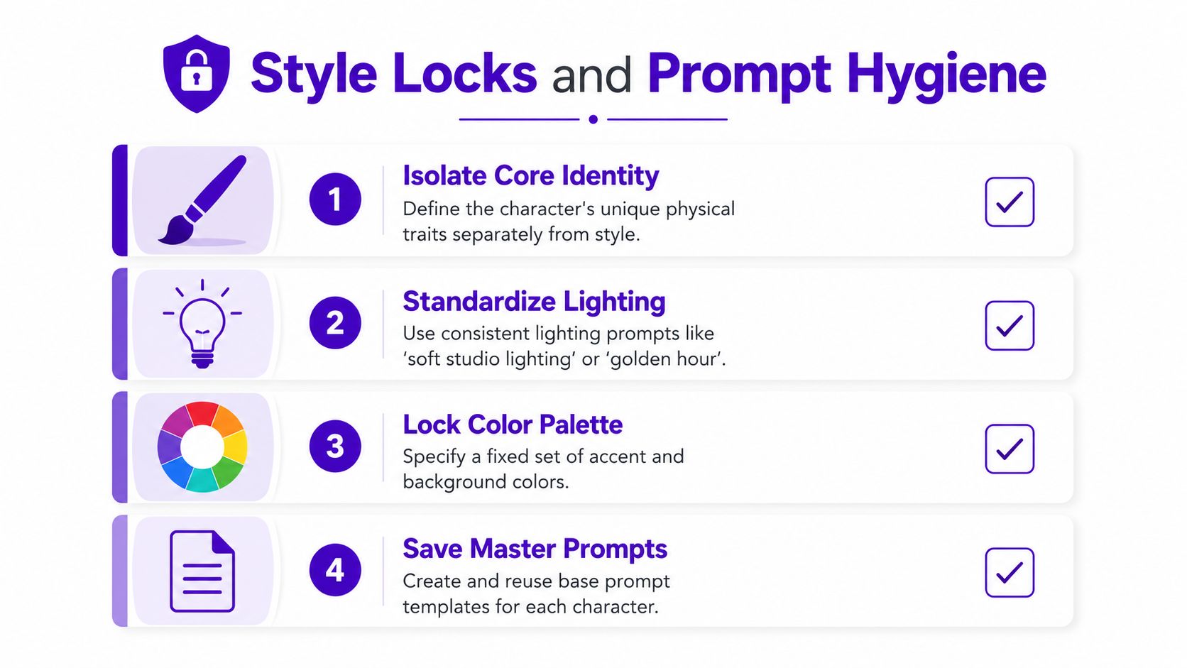 A guide infographic titled Style Locks and Prompt Hygiene, listing four steps for maintaining ai character consistency.