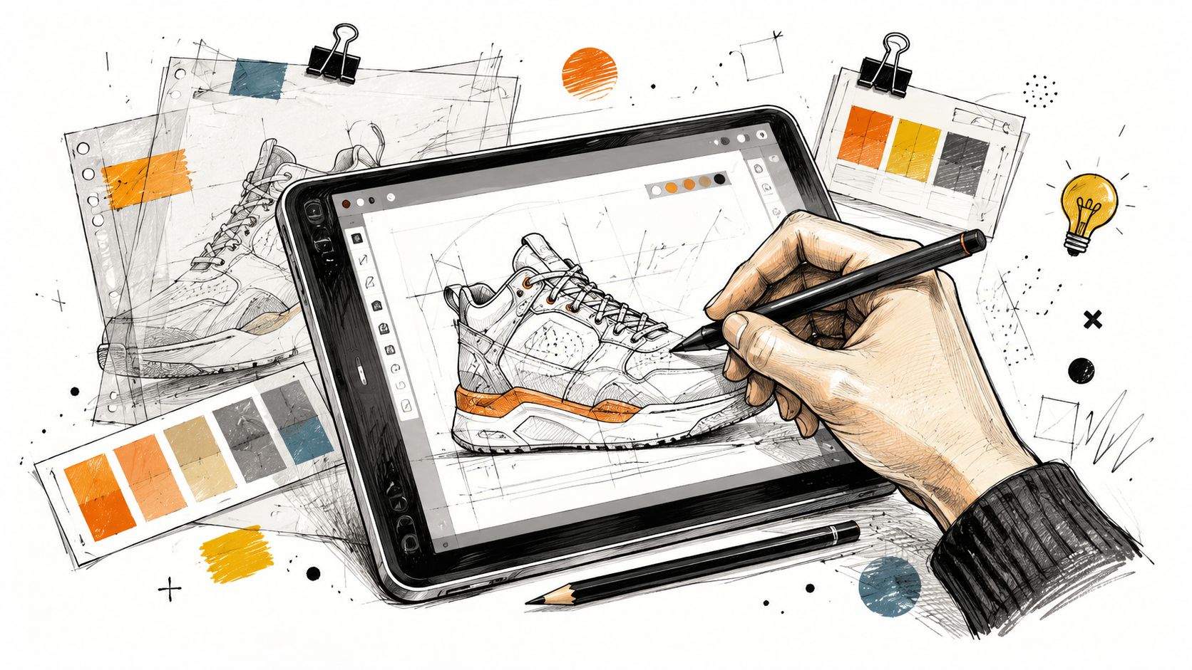 A digital artist drawing a sneaker design on a tablet screen with a digital stylus pen.