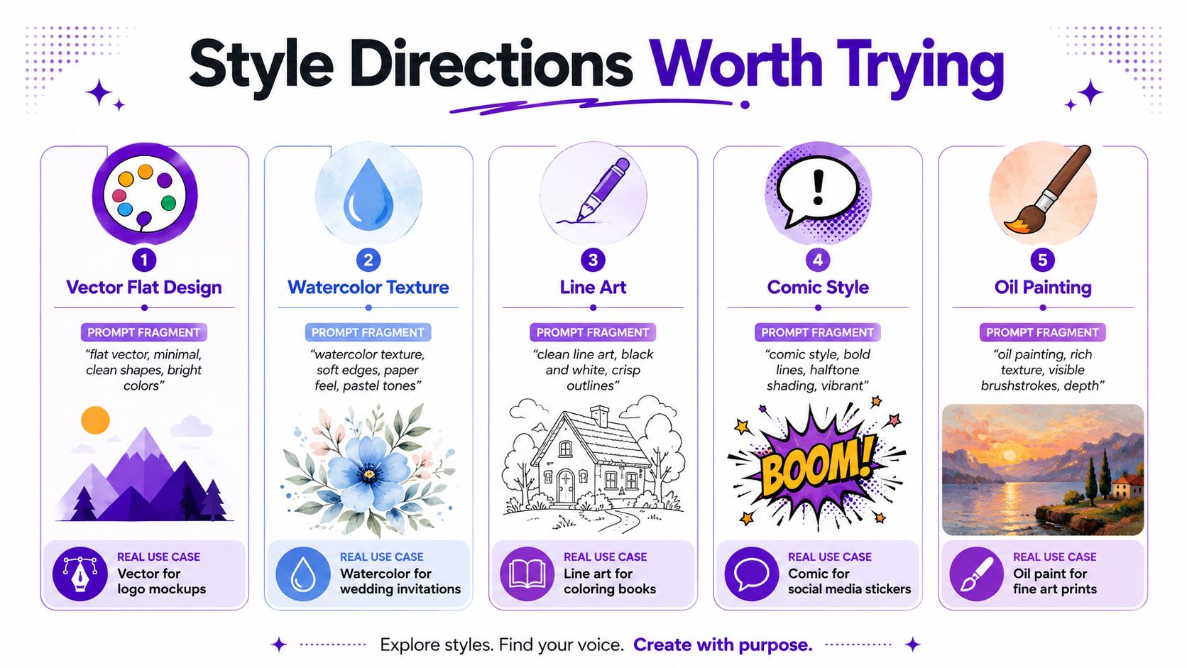 An infographic titled Style Directions Worth Trying showing five different art styles with prompt fragments and examples.