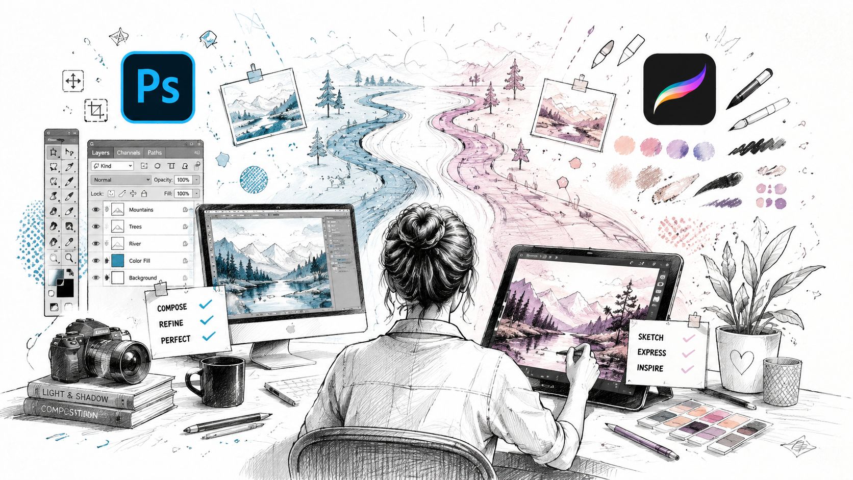 An artist drawing on a tablet with Photoshop and Procreate apps displayed in a creative workspace.