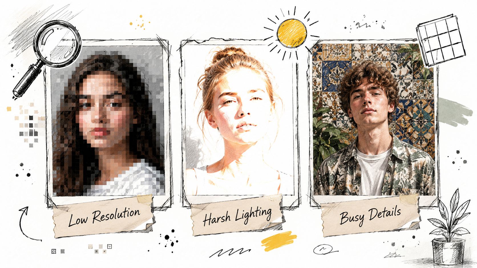 An illustration showing three examples of image problems: low resolution, harsh lighting, and busy background details.