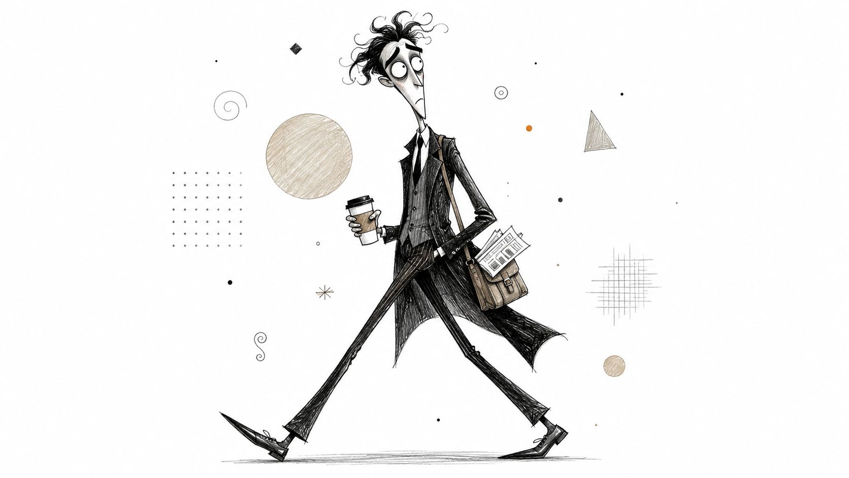 Een illustratie in Tim Burton-stijl van een lange, magere man in een pak die met koffie wandelt.