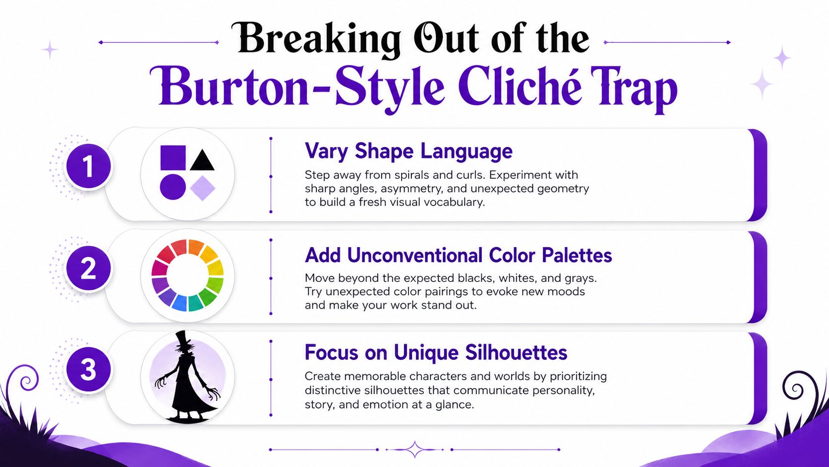 Een grafische ontwerpinfographic getiteld Breaking Out of the Burton-Style Cliché Trap met drie tips voor kunstenaars.