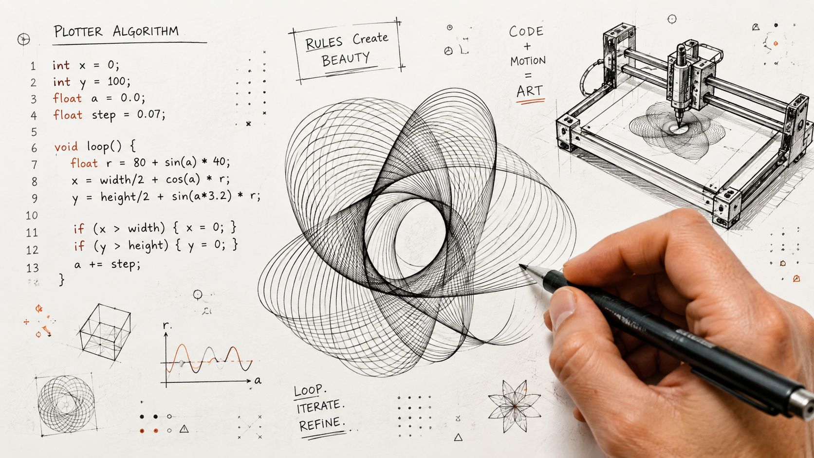 Una mano che disegna un complesso motivo geometrico con un plotter e codice mostrato su carta.