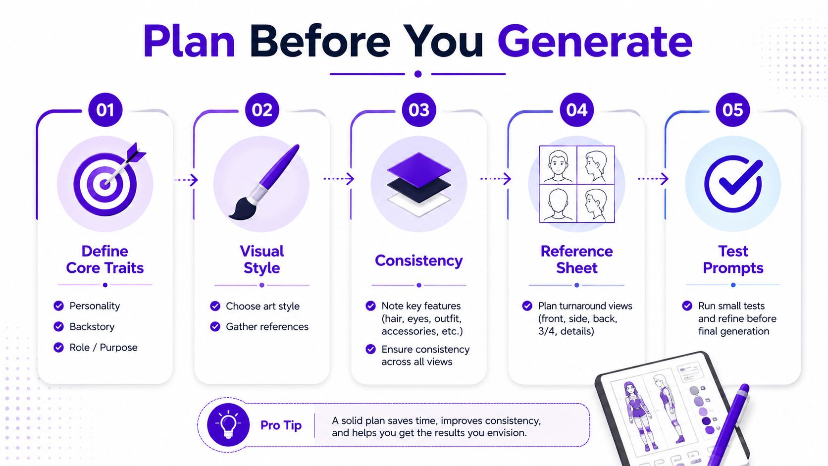 Un guide infographique en cinq étapes expliquant le processus de planification pour créer des illustrations conceptuelles de personnages IA cohérentes.