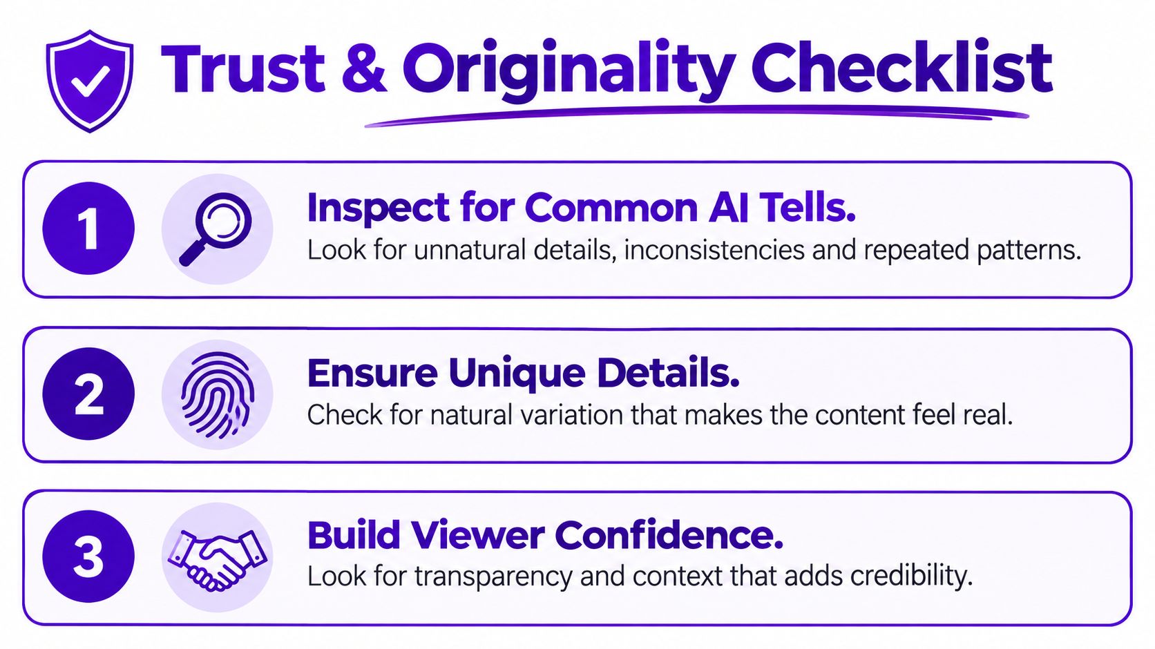 Een checklist-infographic met de titel Vertrouwen en originaliteit waarin drie stappen worden opgesomd om authentieke inhoud te identificeren versus AI.