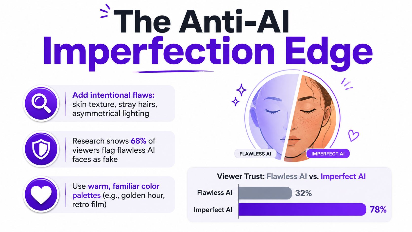 An infographic showing that adding natural imperfections to AI-generated images increases viewer trust and perceived authenticity.