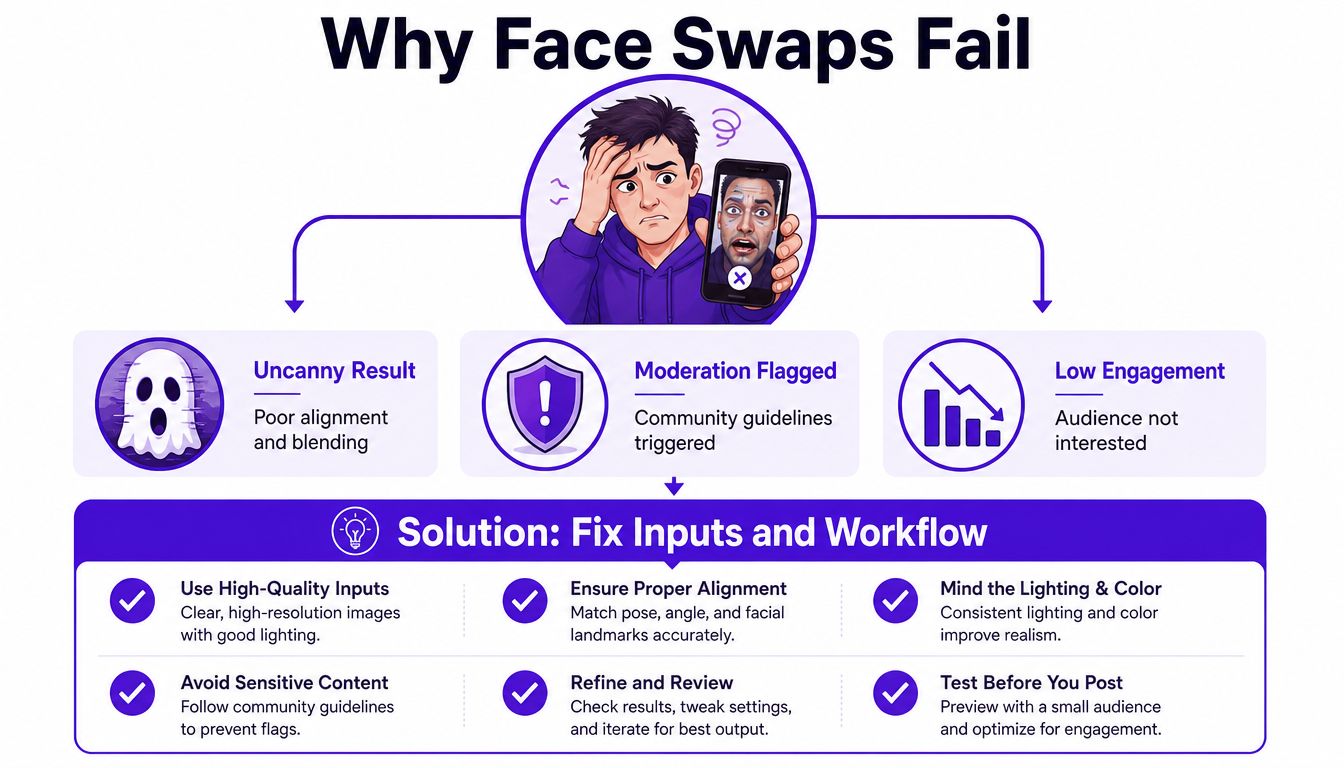 An infographic titled Why Face Swaps Fail, illustrating common pitfalls and solutions for improving face swap results.