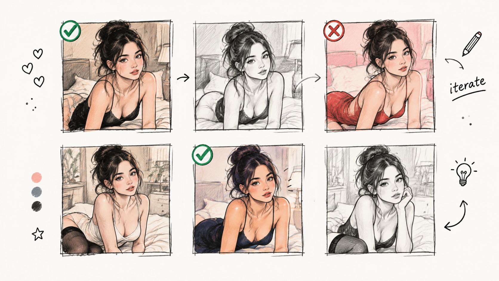 A digital illustration showing a step-by-step artistic process for drawing a woman with sketches and critiques.