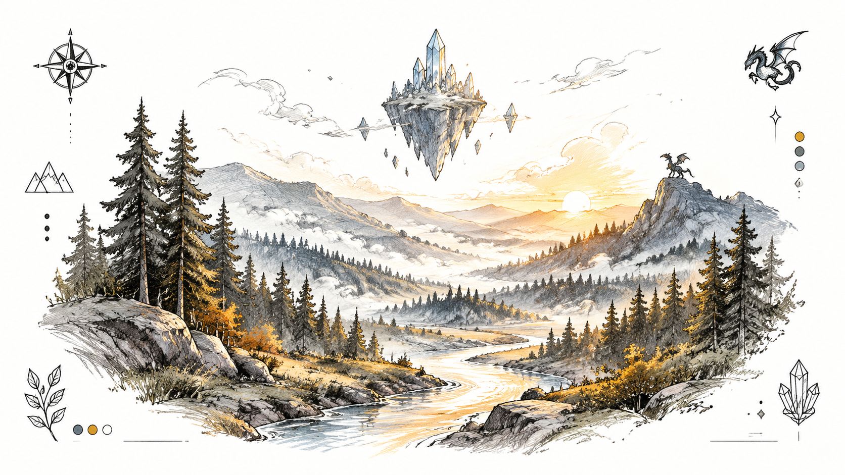 A detailed fantasy landscape featuring floating crystals, misty mountains, pine forests, a river, and a flying dragon.