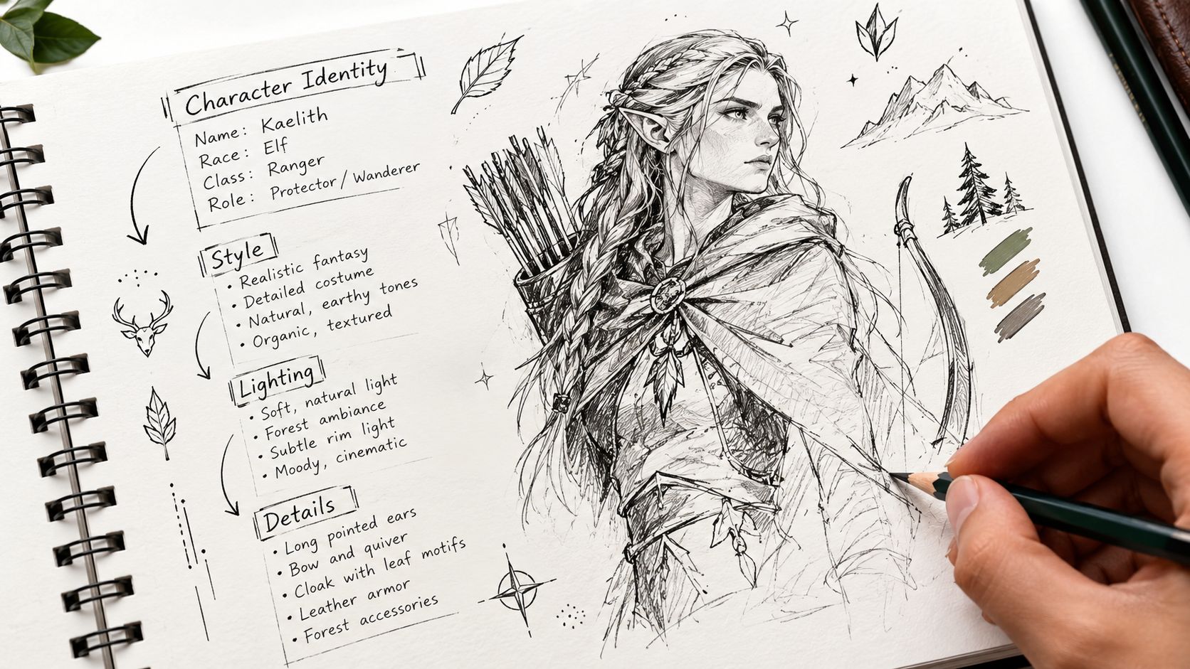 A hand drawing a detailed pencil sketch of an elf ranger character in a sketchbook.